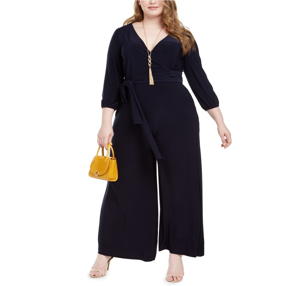 Taylor Navy Blue Wide Leg Wrap Deep V Jumpsuit Size 23w Nwt H4
